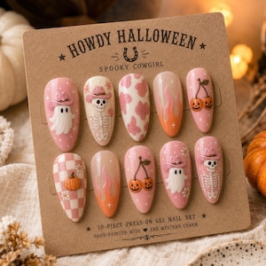 Läskiga Cowgirl-pressnaglar, rosa Halloween-nagelset, västerländska spöken, pumpaskelett, lösnaglar, höstnagelkonstpresent