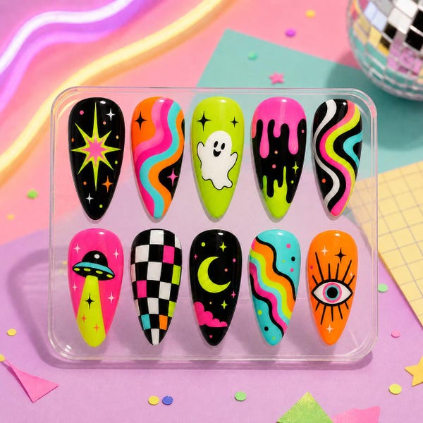 Neon Cosmic Press On Nails, Groovy Ghost UFO Nail Set, Checkerboard Slime Drip Manikyr, Färgglad Halloweenpresent till henne