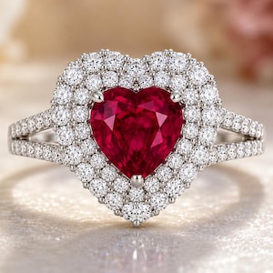 Naturlig rubin- och diamantring med hjärtslipning 14K vitt guld 9,10 ct (IGL-certifierad)