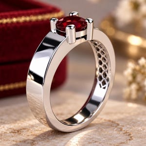 May include: A polished silver-toned ring featuring a round, deep red gemstone set in a four-prong setting. The band has a smooth, reflective outer surface and a distinct interior gallery with a repeating hexagonal honeycomb pattern cutout.