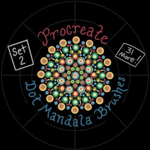 May include: A colorful mandala design with the words "Procreate Dot Mandala Brushes" in a circular layout. The image includes text boxes that say "Set 2" and "31 More!" on a black background.