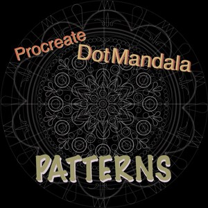 Puede incluir: Un fondo negro con un diseño de mandala blanco. Las palabras "Procreate Dot Mandala" están en naranja y amarillo, y la palabra "PATTERNS" está en verde.