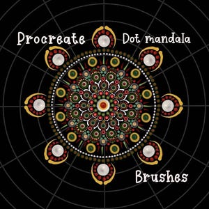 May include: A digital mandala design with the words "Procreate Dot mandala Brushes" in white script. The mandala features a central red circle surrounded by green, red, and white dots, with pearl-like accents and a black background.