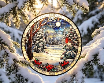 Acchiappasole personalizzato con pettirosso invernale in vetro colorato, decorazione rotonda per finestre a tema foresta innevata per le vacanze.