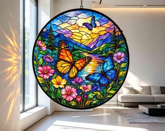 Aangepaste vlinder glas-in-lood suncatcher, gepersonaliseerde natuurscène raam hangend, uniek woondecoratie