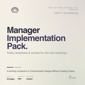 May include: A promotional image for the "Manager Implementation Pack" by Attune. The design features a purple and white color scheme with the text "Manager Implementation Pack" in large, bold letters. The pack includes tools, templates, and scripts for meetings.