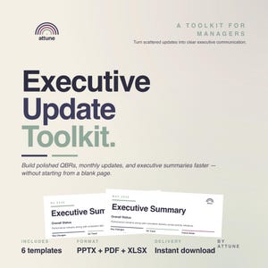 Pode incluir: Um anúncio para um Kit de Ferramentas de Atualização Executiva. O texto inclui "Executive Update Toolkit" em letras grandes e em negrito. O kit de ferramentas inclui 6 modelos nos formatos PPTX, PDF e XLSX, disponíveis para download instantâneo.