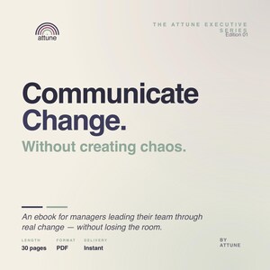 Könnte beinhalten: Ein E-Book-Cover mit dem Titel "Kommunizieren Sie Veränderung" in dunkelblauer Schrift, mit dem Untertitel "Ohne Chaos zu erzeugen". Das Cover enthält auch den Text "Ein E-Book für Manager, die ihr Team durch echte Veränderungen führen - ohne den Raum zu verlieren."