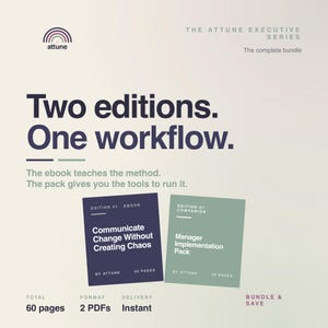 Könnte beinhalten: Werbebild für die Attune Executive Series mit zwei E-Books: "Kommunizieren Sie Veränderungen, ohne Chaos zu verursachen" und "Manager Implementation Pack". Das Bild enthält den Text "Zwei Ausgaben. Ein Workflow."