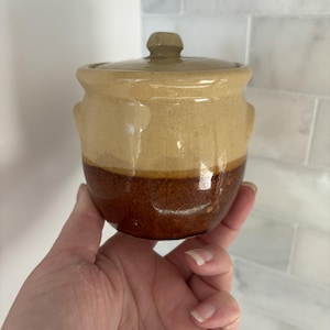 Mostacera francesa de gres vintage: Tarro de barro esmaltado bicolor (7,6 cm de alto)