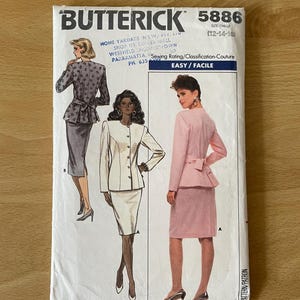 Butterick 5886 vintage 80s button up fitted top with extended shoulders sleeves, back pleats and tie ends plus straight skirt sewing pattern