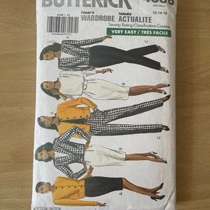 May include: A sewing pattern for a wardrobe with three different looks. The pattern is for sizes 12-14-16 and is rated as very easy. The pattern is from Butterick and has the number 4386 on it.