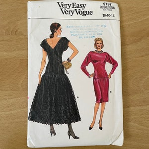 Vogue 9797 vintage 80s fitted dress with dropped waist and shoulders, straight or flared skirt, low back and optional sleeves sewing pattern