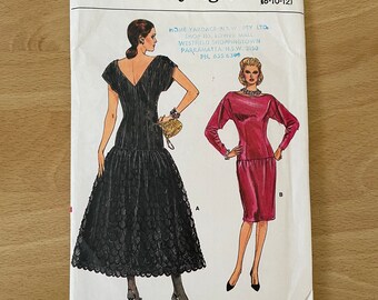 Vogue 9797 vintage 80s fitted dress with dropped waist and shoulders, straight or flared skirt, low back and optional sleeves sewing pattern