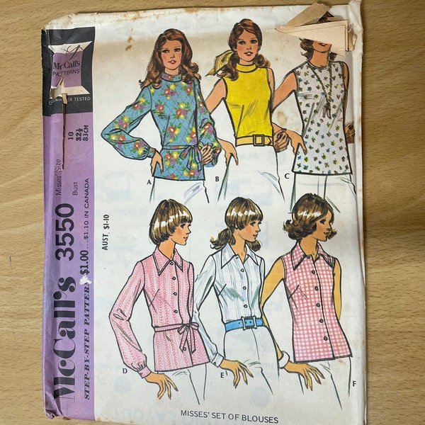 McCalls 3550 Vintage 70s blouses/ tops/ shirts with rolled collar or collar sewing pattern