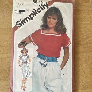 Butterick 5843 vintage 80s pullover dress or top with square neckline, cap sleeves and pockets sewing pattern