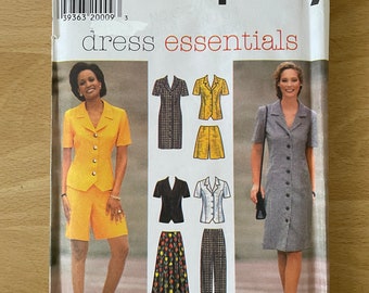 Simplicity 7524 vintage 90s dress with back tie, collar, sleeves and button up front plus top, skirt, pants and shorts sewing pattern