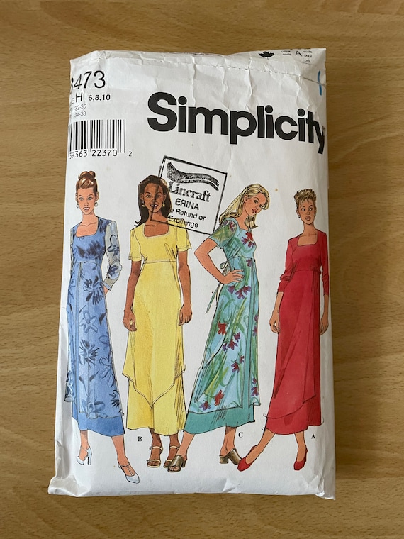 Simplicity 8473 vintage 90s dress with square neck, asymmetrical overskirt,  raised waistline, waist ties and sleeves sewing pattern