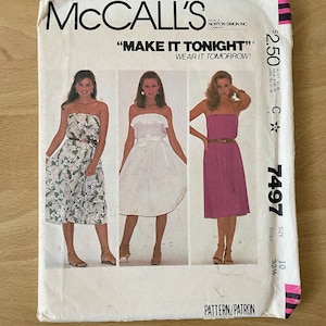 McCall&#39;s 7497 vintage 80s casual strapless o halter neck ties vestido con volantes patrón de costura
