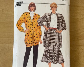 Butterick 4218 vintage 80s oversize jacket with sleeves with cuffs, flared gored skirt, and tapered pants have elastic waist sewing pattern