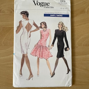 Vogue 7216 vintage 80s fitted dress with diamond cut-out back, dropped skirt and optional sleeves sewing pattern