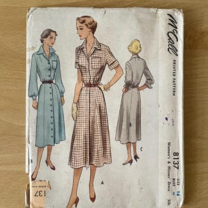McCalls 8137 vintage 50s button up shirt dress with notched collar, sleeves, pockets and full skirt sewing pattern