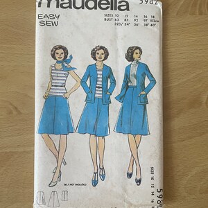 May include: Maudella sewing pattern number 5982, Easy Sew, for sizes 10-18, bust 32 1/2 to 40 inches. The pattern shows three women wearing a blue skirt and jacket.