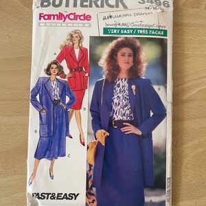 Butterick 3496 vintage 80s oversize long jacket with pockets and sleeves, tapered skirt with waistband plus top cap sleeves sewing pattern