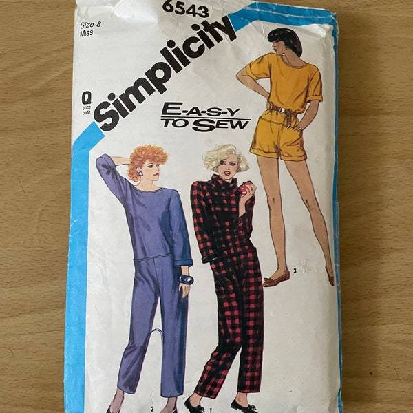 Simplicity 6543 vintage 80s loose fitting jumpsuit, playsuit with button up back, sleeves, pockets, shawl or scoop neckline sewing pattern