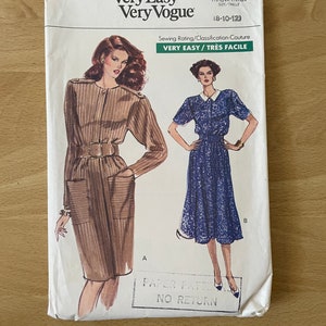 Vogue 7552 vintage 80s blouse dress with sleeves, full skirt, optional collar, pockets and epaulets sewing pattern