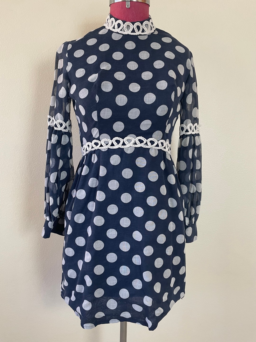 Utterly Gorgeous 60s/ 70s Polka Dot Dress With High Neckline and Full  Sleeves With Trim - Etsy