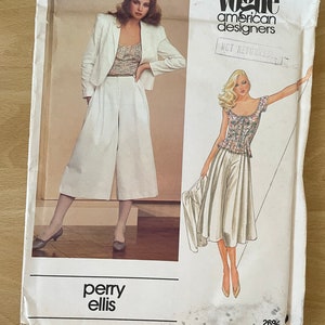 Vogue 2694 vintage 80s Perry Ellis loose jacket, high waisted culottes plus top with drawstring neckline and cap sleeves sewing pattern