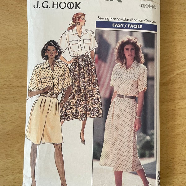 Butterick 6008 vintage 80s J.G. Hook shirt with notched collar, dropped shoulders and sleeves plus skirt and shorts sewing pattern