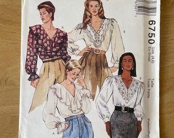 McCalls 6750 vintage 90s blouse with neckline slit, long sleeves, circular collar and with elastic ruffle at lower edge of sleeves or cuffs