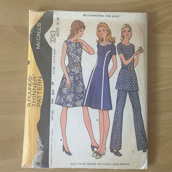McCall’s 3243 vintage 70s A Pounds Thinner Pattern, dress or tunic with princess seams, optional sleeves and welts plus pants sewing pattern