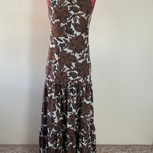 Brown floral vintage 70s halter neck sun dress with tiered ruffle skirt