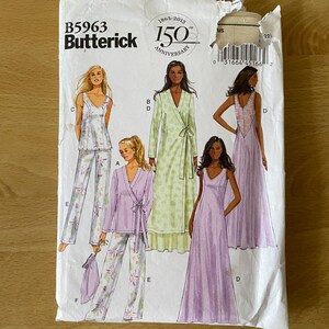 May include: A sewing pattern for a dress and pyjamas. The pattern is from Butterick and is for size 22. The pattern is for a dress with a V-neck and a wrap top. The pyjamas are a long-sleeved top and trousers with a floral print.