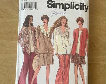 Simplicity 8960 vintage 90s button up blouse with V-neck optional cascade or lace collar plus pull on pants and shorts with elastic waist