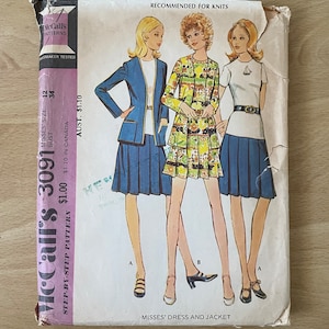 McCall’s 3091 vintage 70s fitted dress with pleated skirt and long cardigan with pockets sewing pattern