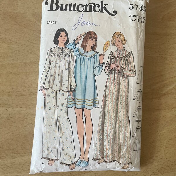 Butterick 5745 vintage 70s nightgown and pyjama top with gathered front, jewel neckline, sleeves and ruffles plus pants sewing pattern