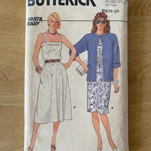 Butterick 6526 ヴィンテージ 80 年代 ボタンアップ ジャケット、A ラインまたはフレアドレス、ショルダーストラップ、裾スリット、ポケット付き縫製パターン