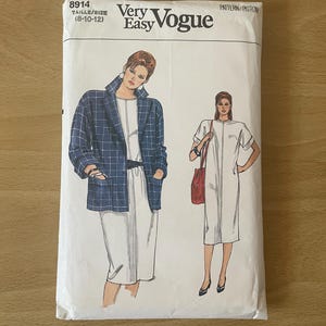 Vogue 8914 rechte vintage jaren 80-jurk met zakken en mouwen plus jasje met ingekeepte kraag, zakken en mouwen naaipatroon
