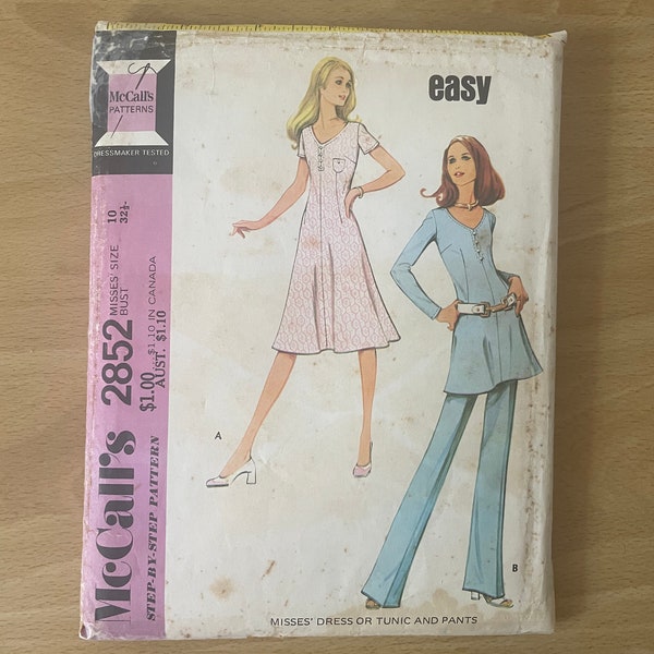 McCall’s 2852 vintage 70s dress or tunic with V-neck, short or long sleeves and button trim plus pants with elastic waist sewing pattern