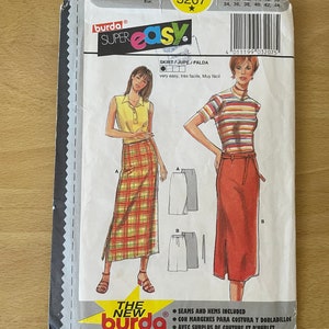 May include: Burda Style 3207 sewing pattern for a skirt. The pattern includes instructions for making a red and white checked skirt and a solid red skirt. The pattern is labelled "Super Easy" and includes seam and hem allowances.