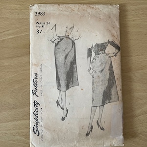 May include: Vintage Simplicity sewing pattern number 3983 for a skirt. The pattern is for a waist size of 24 inches and a hip size of 33 inches. The pattern includes instructions for two different skirt styles.