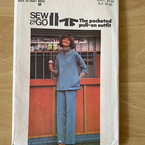 May include: A vintage sewing pattern for a pocketed pull-on outfit. The pattern is from Butterick, number 4489, and is for size 12, bust 34 inches (87 cm). The pattern features a woman wearing a blue top and pants.