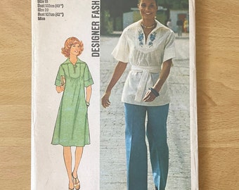 Simplicity 7430 vintage 70s dress or top with sailor collar, sleeves, belt and pockets with belt plus pants with waistband sewing pattern