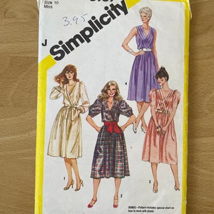 Simplicity 5989 vintage 80s cross over front dress with full skirt and optional puffy sleeves sewing pattern