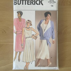 Butterick 3173 vintage 80s long wrap jacket with lapels, hip tie ends and sleeves plus dress with straight pleated skirt sewing pattern
