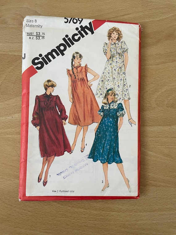 Simplicity 5769 Vintage 80s Maternity Dress With Puffy Sleeves Pintucks Yoke and Collar Variations Sewing Pattern Etsy